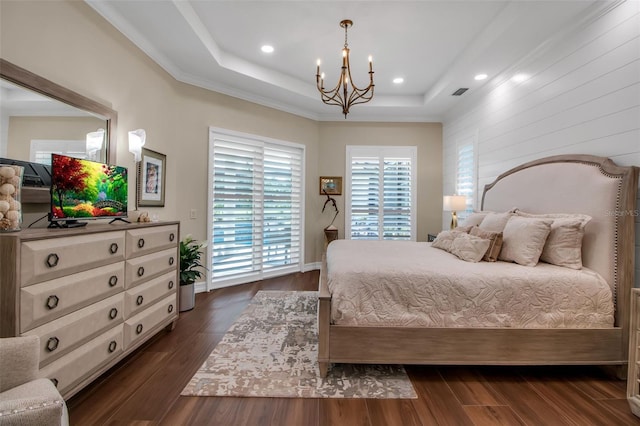 462 E Macewen Dr, Osprey, FL 34229 - bedroom featuring a chandelier, a raised ceiling, dark wood-type flooring, recessed lighting, and wood walls