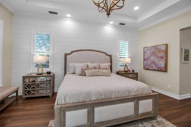 462 E Macewen Dr, Osprey, FL 34229 - bedroom featuring dark wood finished floors, a raised ceiling, recessed lighting, a chandelier, and ornamental molding