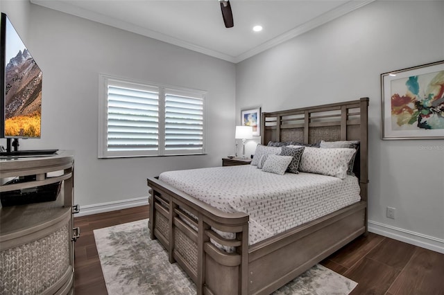 462 E Macewen Dr, Osprey, FL 34229 - bedroom featuring dark wood-type flooring, crown molding, recessed lighting, and a ceiling fan