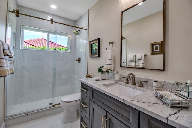 462 E Macewen Dr, Osprey, FL 34229 - bathroom featuring vanity, a marble finish shower, and marble look tile flooring