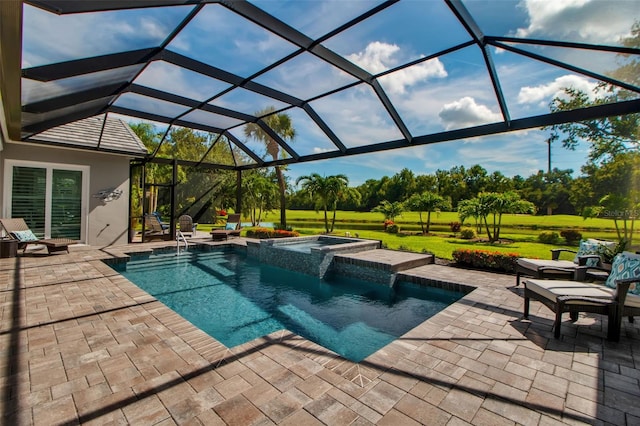 462 E Macewen Dr, Osprey, FL 34229 - view of swimming pool with a patio, a pool with connected hot tub, a yard, view of wooded area, and glass enclosure