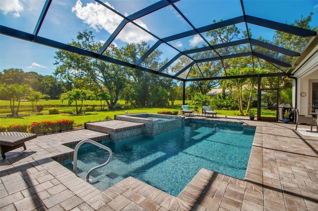 462 E Macewen Dr, Osprey, FL 34229 - view of pool featuring a patio, a lawn, a pool with connected hot tub, and glass enclosure