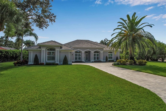 462 E Macewen Dr, Osprey, FL 34229 - mediterranean / spanish-style house with a front lawn, stucco siding, driveway, and a tile roof