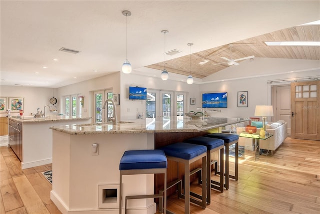 6308 4th Ave NW, Bradenton, FL 34209 - kitchen featuring a large island, light wood finished floors, french doors, a breakfast bar area, and open floor plan