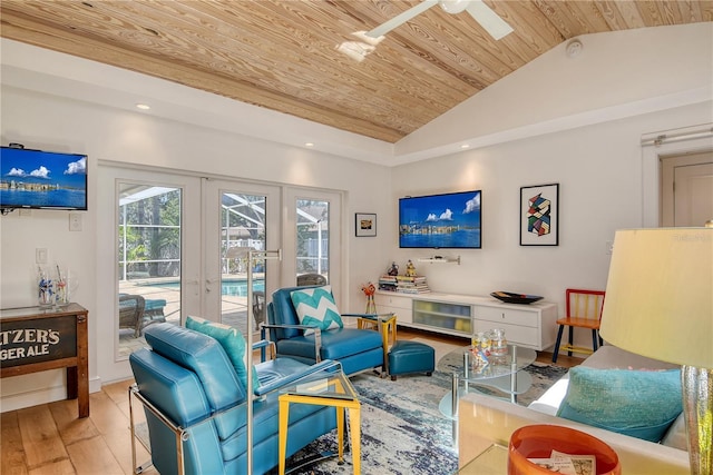 6308 4th Ave NW, Bradenton, FL 34209 - living room with wood ceiling, french doors, vaulted ceiling, hardwood / wood-style flooring, and recessed lighting