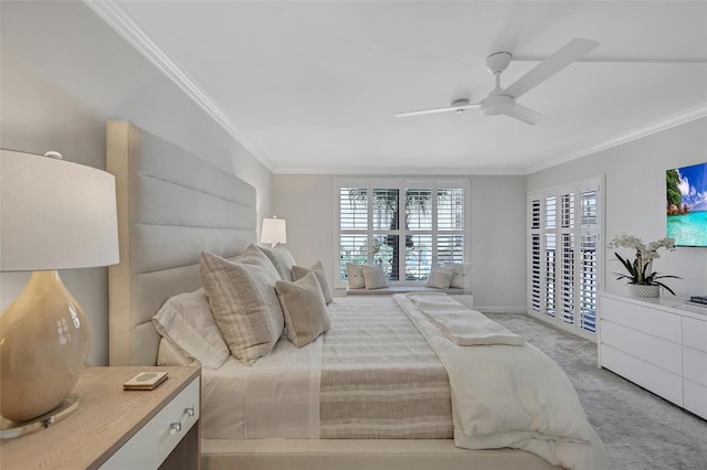 6480 Midnight Pass Rd Unit 211, Sarasota, FL 34242 - bedroom featuring crown molding, light colored carpet, multiple windows, ceiling fan, and access to outside