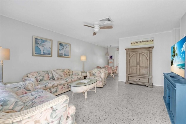 201 75th St Unit A, Holmes Beach, FL 34217 - living area with a ceiling fan and speckle patterned floor