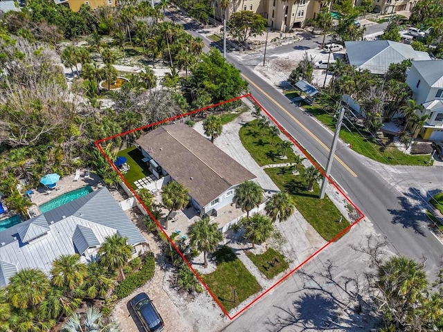 201 75th St Unit A, Holmes Beach, FL 34217 - aerial perspective of suburban area featuring property boundaries highlighted and a pool area