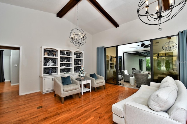 355 Trieste Dr, Punta Gorda, FL 33950 - living room featuring a chandelier, high vaulted ceiling, beam ceiling, light wood finished floors, and ceiling fan