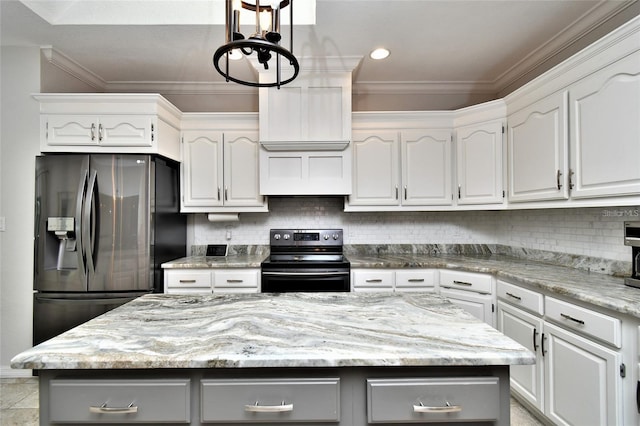 355 Trieste Dr, Punta Gorda, FL 33950 - kitchen featuring electric range, refrigerator with ice dispenser, white cabinets, ornamental molding, and light stone counters