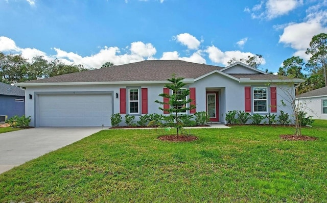 6 Pine Bluff Ln, Palm Coast, FL 32164 - ranch-style house featuring a garage, stucco siding, driveway, and a front lawn