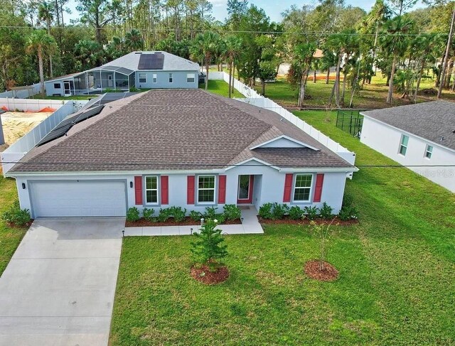 6 Pine Bluff Ln, Palm Coast, FL 32164 - ranch-style house with a shingled roof, concrete driveway, a garage, and stucco siding