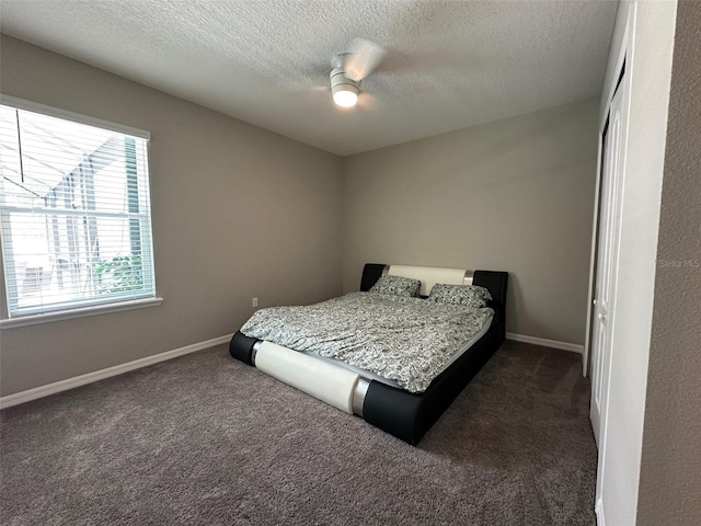 6 Pine Bluff Ln, Palm Coast, FL 32164 - bedroom featuring dark colored carpet, a textured ceiling, a ceiling fan, and a closet