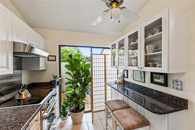 4509 Park Lake Ter N Unit 4509, Bradenton, FL 34209 - kitchen featuring under cabinet range hood, stainless steel range with electric cooktop, a textured ceiling, white cabinetry, and ceiling fan