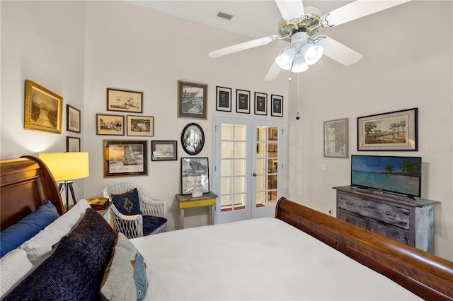 4509 Park Lake Ter N Unit 4509, Bradenton, FL 34209 - bedroom with ceiling fan, french doors, and a towering ceiling