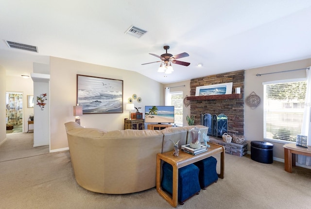 6115 68th Dr E, Palmetto, FL 34221 - living area featuring carpet flooring, a ceiling fan, a fireplace, and lofted ceiling