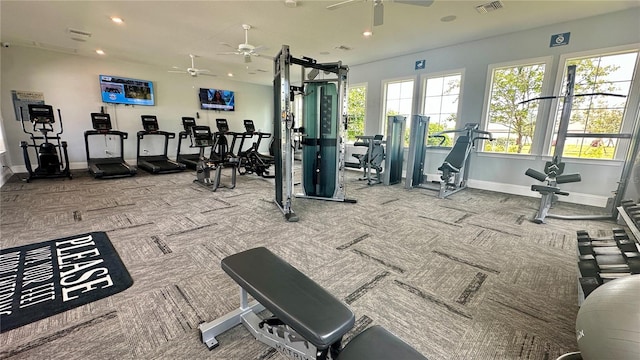 12293 Mountain Island Trl, Parrish, FL 34219 - exercise room with carpet, ceiling fan, and recessed lighting
