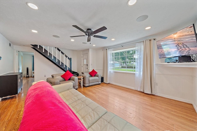 626 Hand Ave, Sarasota, FL 34232 - living area featuring recessed lighting, stairs, ceiling fan, and wood finished floors