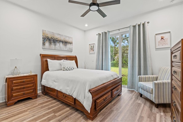 5318 124th Ave E, Parrish, FL 34219 - bedroom featuring light wood-style flooring, access to exterior, ceiling fan, and recessed lighting