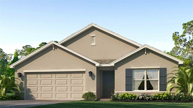 4412 Weathered Moss Gln, Palmetto, FL 34221 - view of front of home with an attached garage, driveway, a front yard, and stucco siding