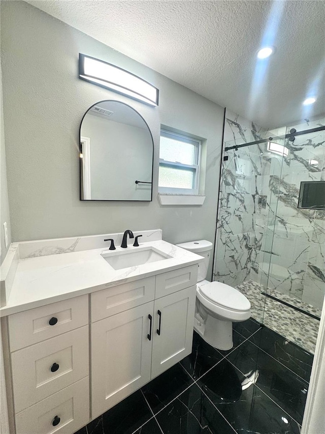 7013 Symmes Rd, Gibsonton, FL 33534 - full bath featuring marble look tile flooring, a textured ceiling, a marble finish shower, vanity, and recessed lighting