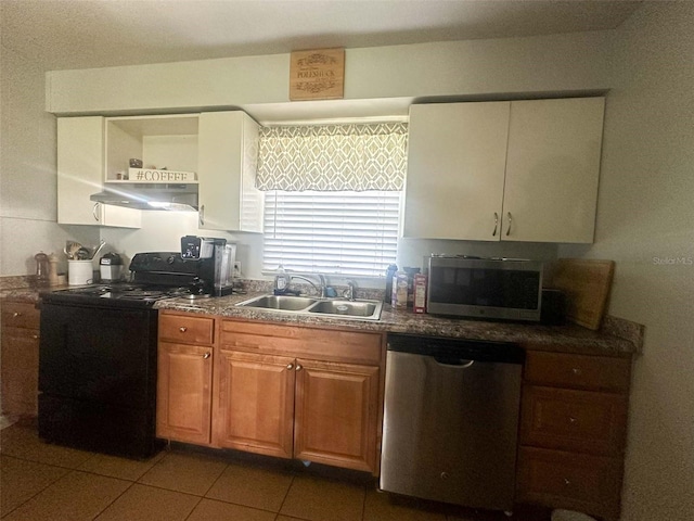 4007 7th St E, Bradenton, FL 34208 - kitchen with appliances with stainless steel finishes, exhaust hood, open shelves, light tile patterned floors, and dark countertops
