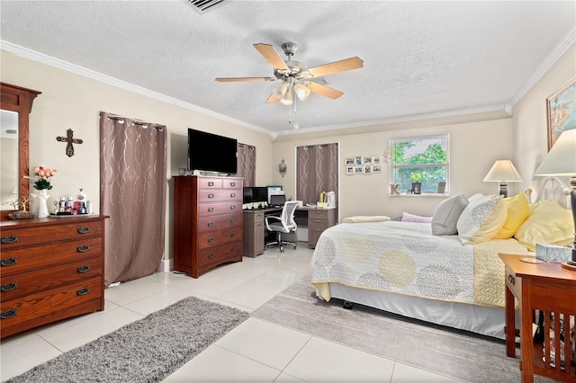 2108 Outer Dr, Sarasota, FL 34231 - bedroom featuring an office area, crown molding, light tile patterned floors, a textured ceiling, and a ceiling fan