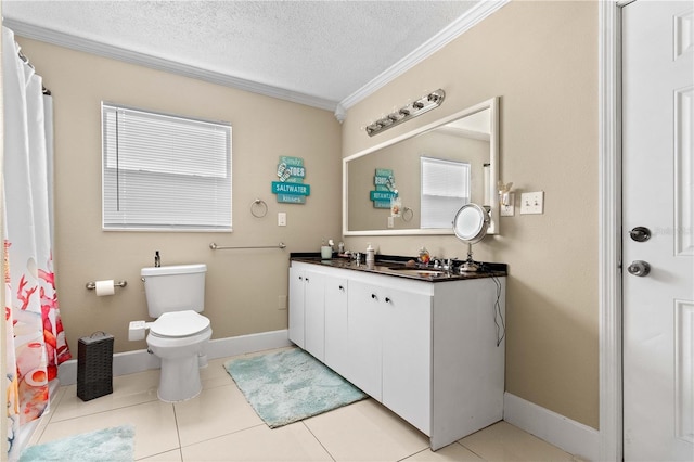 2108 Outer Dr, Sarasota, FL 34231 - bathroom with vanity, ornamental molding, a textured ceiling, tile patterned flooring, and curtained shower