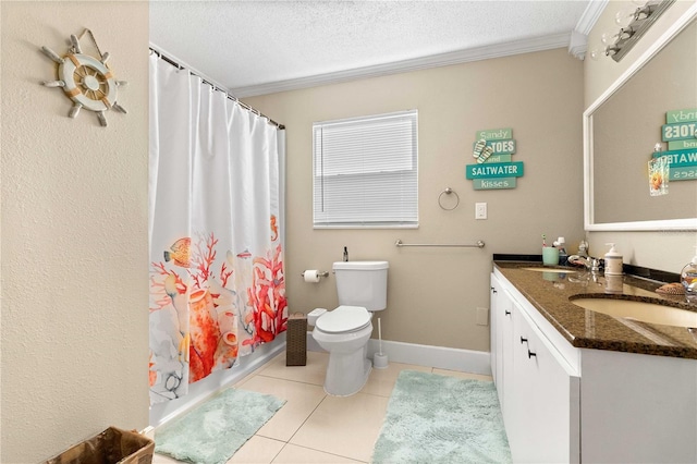 2108 Outer Dr, Sarasota, FL 34231 - bathroom featuring tile patterned flooring, vanity, ornamental molding, and a textured ceiling