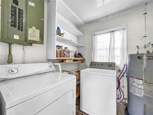 laundry room featuring electric panel, washing machine and clothes dryer, and electric water heater