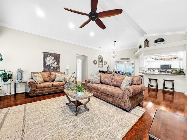 living room with wood-type flooring, ceiling fan, crown molding, and lofted ceiling