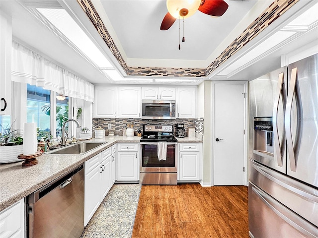 kitchen featuring ceiling fan, sink, white cabinetry, a tray ceiling, and stainless steel appliances