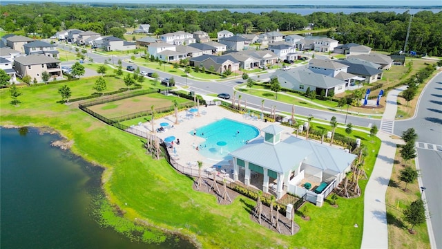 drone / aerial view featuring a water view