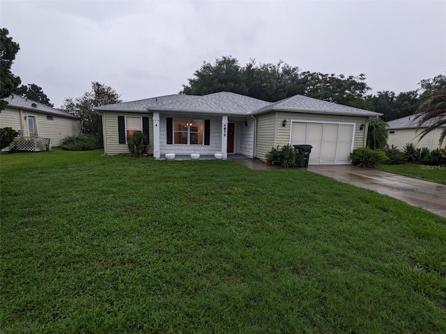 ranch-style house with a garage and a front yard