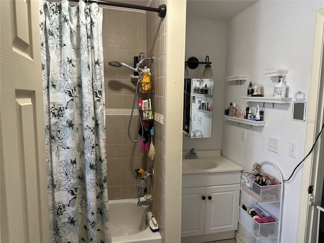 bathroom with vanity and shower / bath combination with curtain