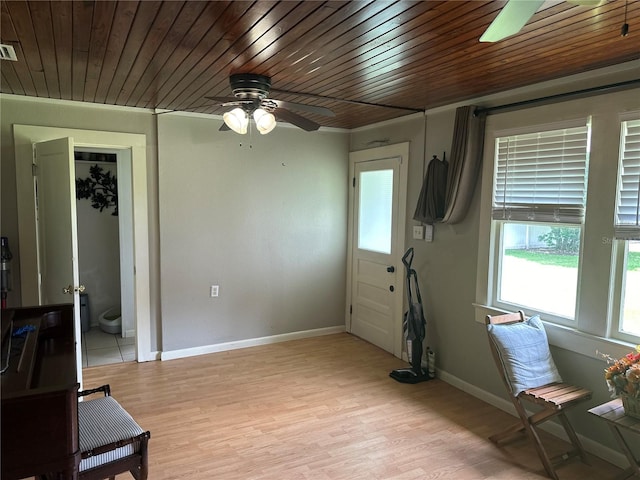 interior space with ceiling fan, light hardwood / wood-style floors, and wooden ceiling