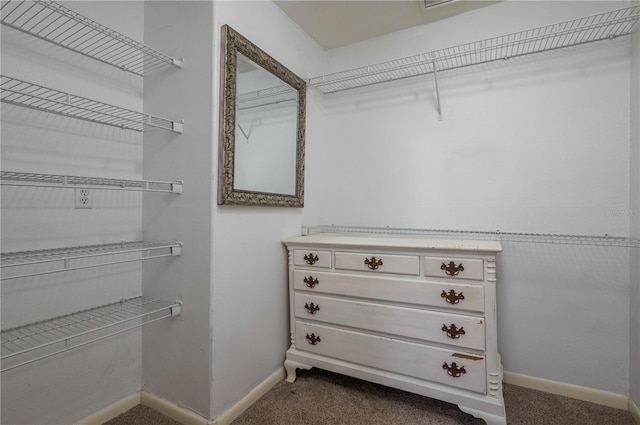 walk in closet with carpet flooring