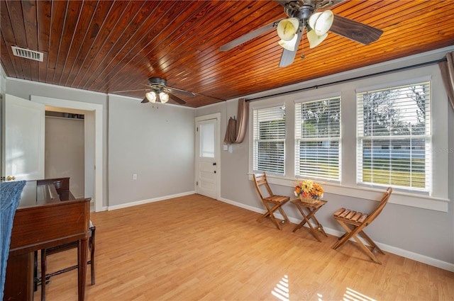 sitting room featuring ceiling fan, light hardwood / wood-style floors, and wooden ceiling