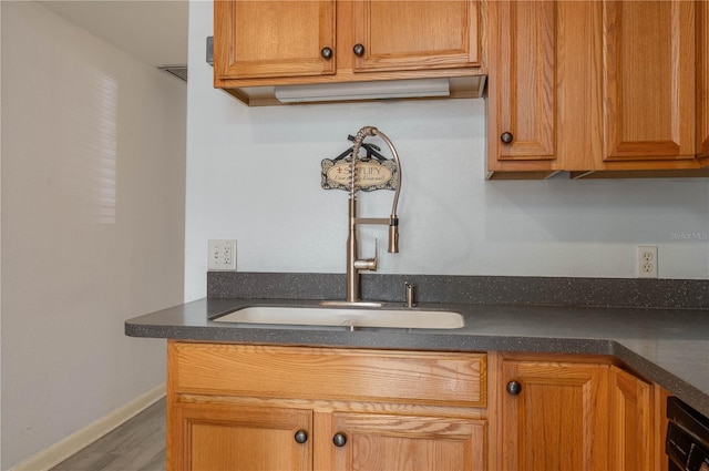 kitchen featuring black dishwasher, wood-type flooring, and sink