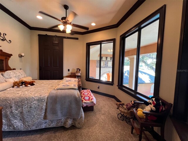 carpeted bedroom featuring ceiling fan, multiple windows, and ornamental molding