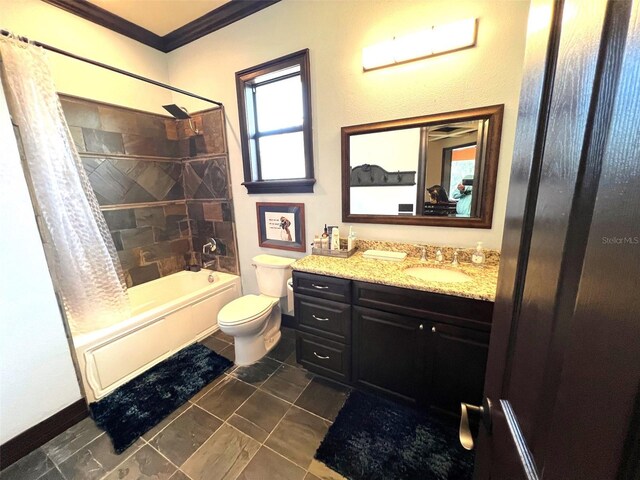 full bathroom featuring toilet, tile patterned flooring, shower / bath combo with shower curtain, vanity, and crown molding