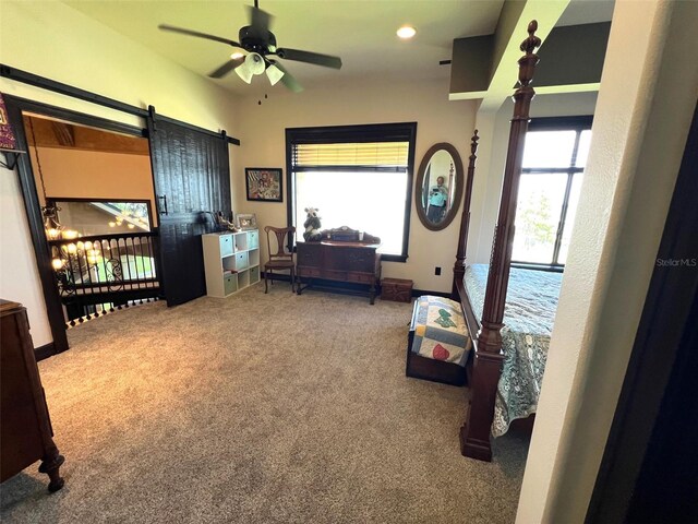 sitting room featuring carpet, a barn door, and ceiling fan