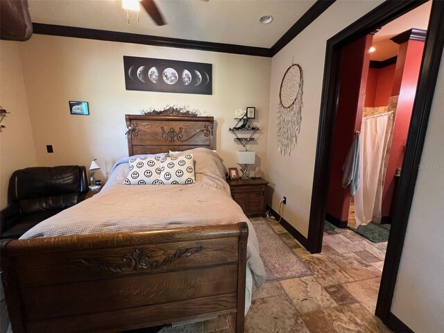 bedroom featuring ceiling fan, ornamental molding, and tile patterned flooring