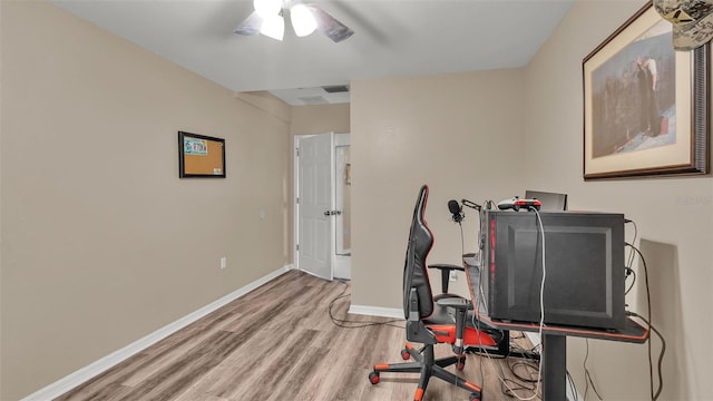 workout room featuring ceiling fan, wood finished floors, visible vents, and baseboards