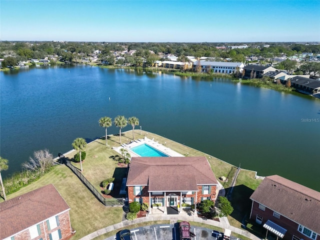 aerial view featuring a water view