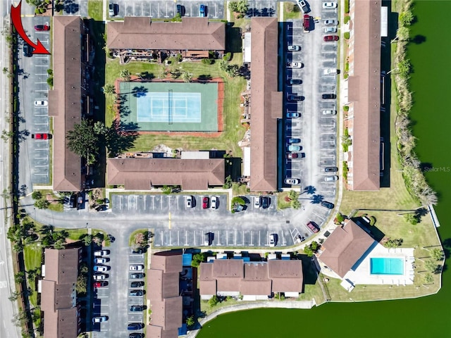 bird's eye view with a water view