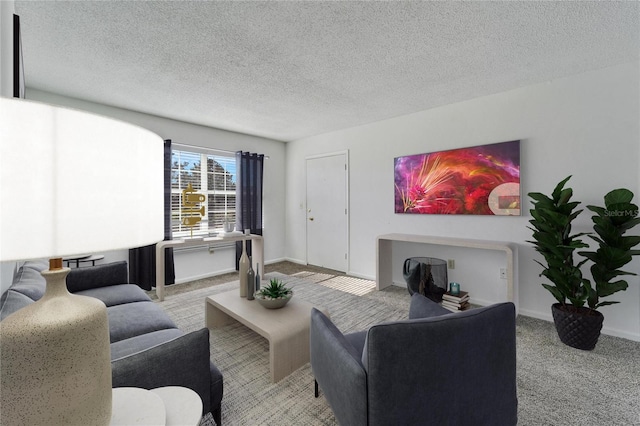 carpeted living room with a textured ceiling