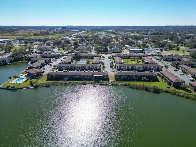 drone / aerial view with a water view