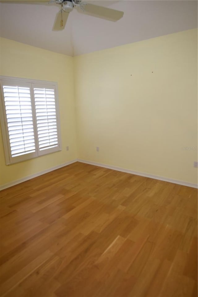 empty room with ceiling fan and light hardwood / wood-style flooring