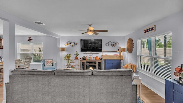 living room with wood-type flooring, ceiling fan, and plenty of natural light